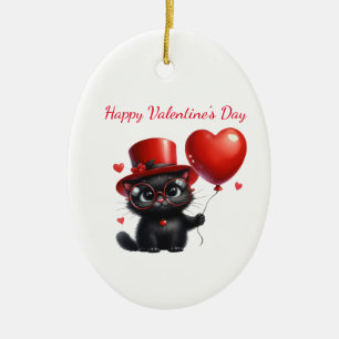 Ornamento De Cerâmica Gato Negro Engraçado Com Dia de os namorados De Ba