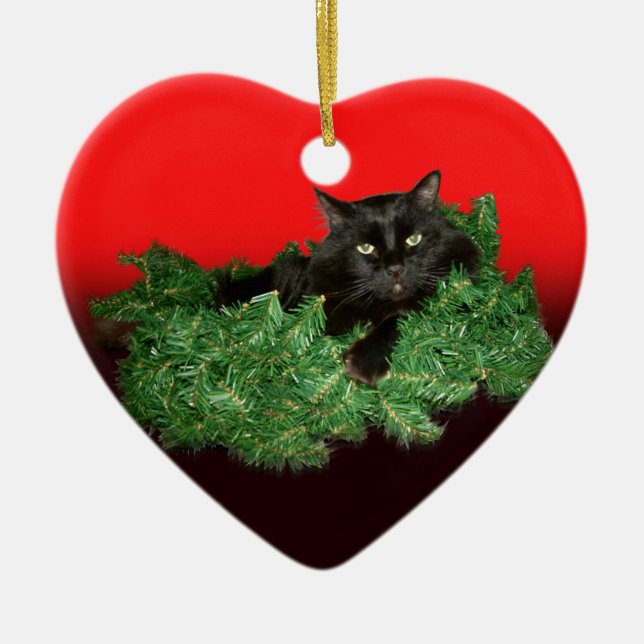 Ornamento De Cerâmica Gato Negro Fluffy na Rua de Natal (Frente)