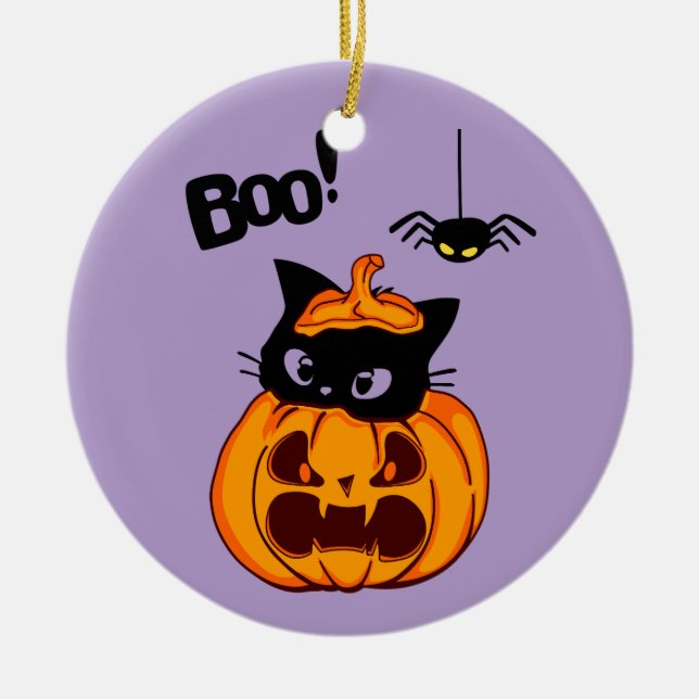 Ornamento De Cerâmica Gato Negro Fofo Personalizado no Jack O' Lantern B (Frente)