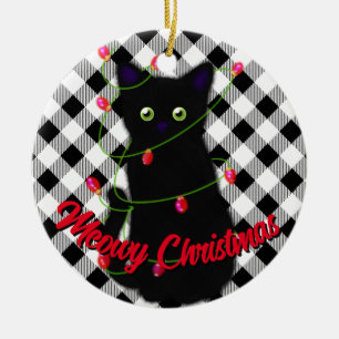 Ornamento De Cerâmica Gato negro Luzes cintilantes do Natal