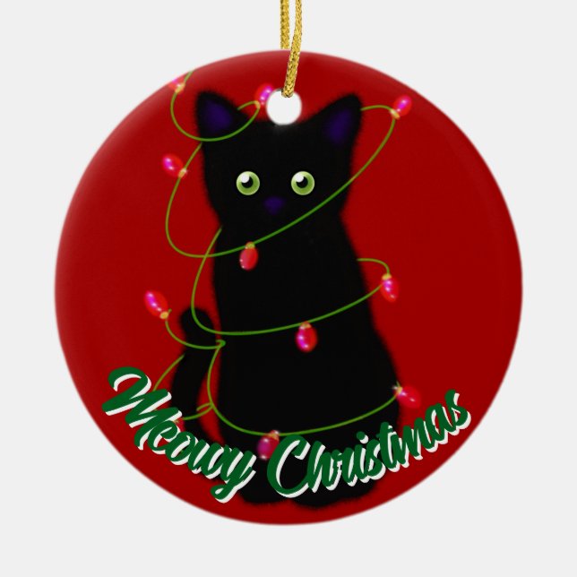 Ornamento De Cerâmica Gato negro Luzes vermelhas de Natal (Frente)