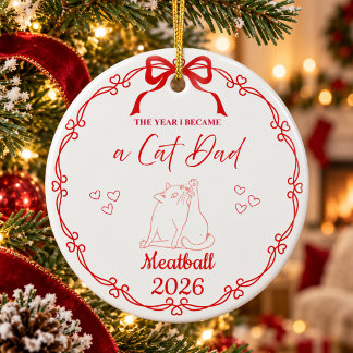 Ornamento De Cerâmica Gato Pai Vermelho Festivo Nome Personalizado & Ano