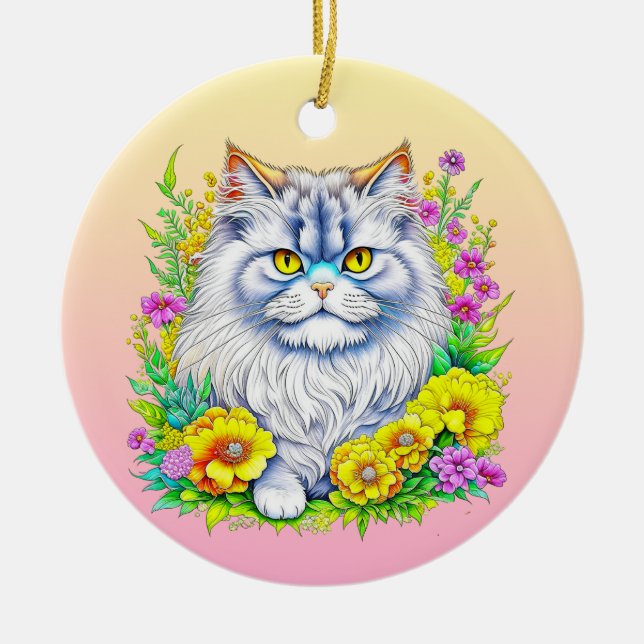 Ornamento De Cerâmica Gato Persa em Flores Personalizadas no Natal (Frente)