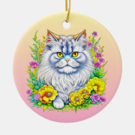 Ornamento De Cerâmica Gato Persa em Flores Personalizado Natal