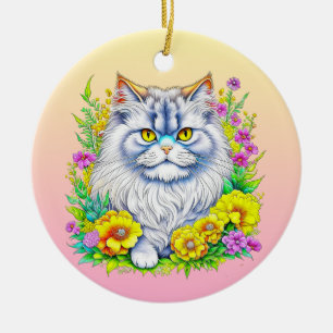 Ornamento De Cerâmica Gato Persa em Flores Personalizado Natal
