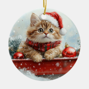 Ornamento De Cerâmica Gato Persa no Trenó Deixe Nevar Natal