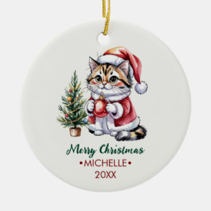 Ornamento De Cerâmica Gato personalizado com chapéu de Papai Noel Árvore