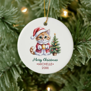 Ornamento De Cerâmica Gato personalizado com chapéu de Papai Noel na árv