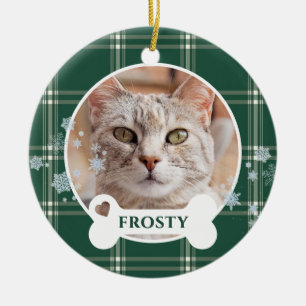 Ornamento De Cerâmica Gato Personalizado de Xadrez de Natal Verde em Flo