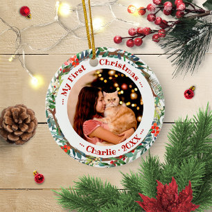 Ornamento De Cerâmica Gato Pet Primeiro Natal Foto Aguarela Coroa