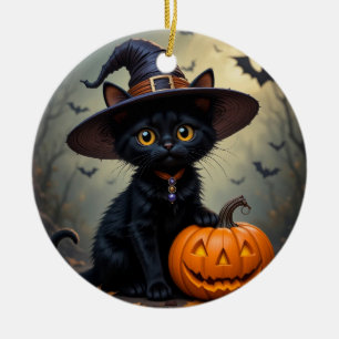 Ornamento De Cerâmica Gato Preto Adorável Vestindo Chapéu de Bruxa