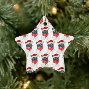 Ornamento De Cerâmica Gato Preto Aquarela com Cachecol de Natal