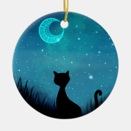 Ornamento De Cerâmica gato preto céu noturno estrelado lua crescente