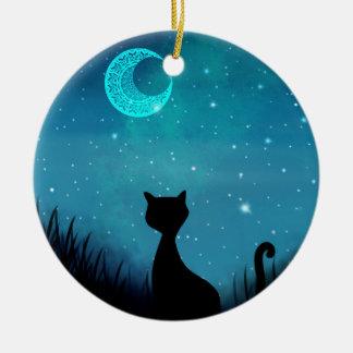 Ornamento De Cerâmica gato preto céu noturno estrelado lua crescente