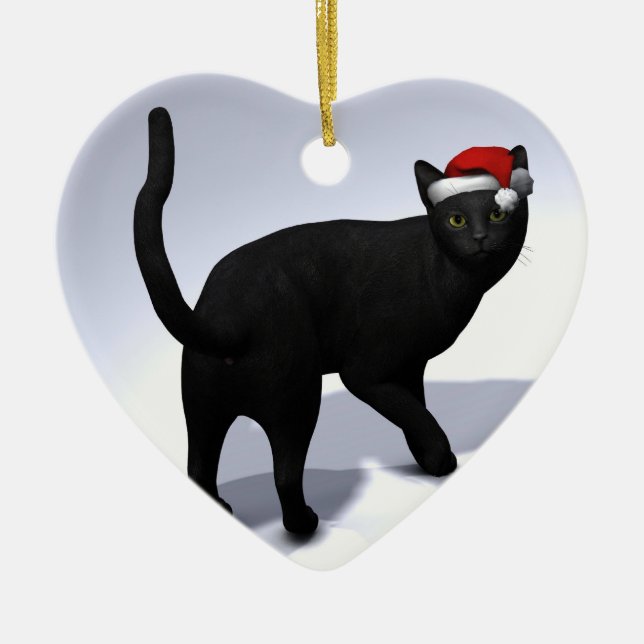 Ornamento De Cerâmica Gato Preto com Chapéu do Pai Natal (Frente)