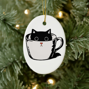 Ornamento De Cerâmica Gato preto com nariz vermelho escondido em um copo