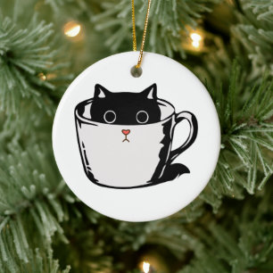 Ornamento De Cerâmica Gato preto com nariz vermelho escondido em um copo