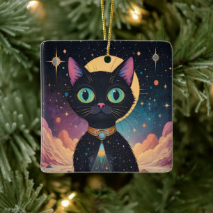 Ornamento De Cerâmica Gato Preto Cósmico Futurista Atômico ao Luar