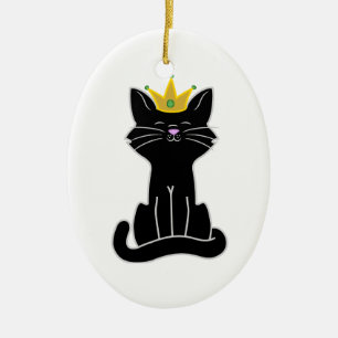 Ornamento De Cerâmica Gato preto de assento com coroa Dourado