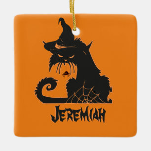 Ornamento De Cerâmica Gato Preto de Halloween Bruxa Aranhas Assustadoras