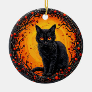 Ornamento De Cerâmica Gato Preto de Halloween com Olhos Brilhantes