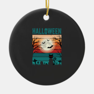 Ornamento De Cerâmica Gato Preto De Halloween Lua Cemitério Vetor Retro