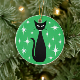 Ornamento De Cerâmica Gato Preto de Meados do Século com Estrelas Branca