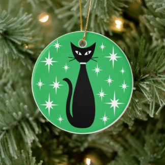 Ornamento De Cerâmica Gato Preto de Meados do Século com Estrelas Branca