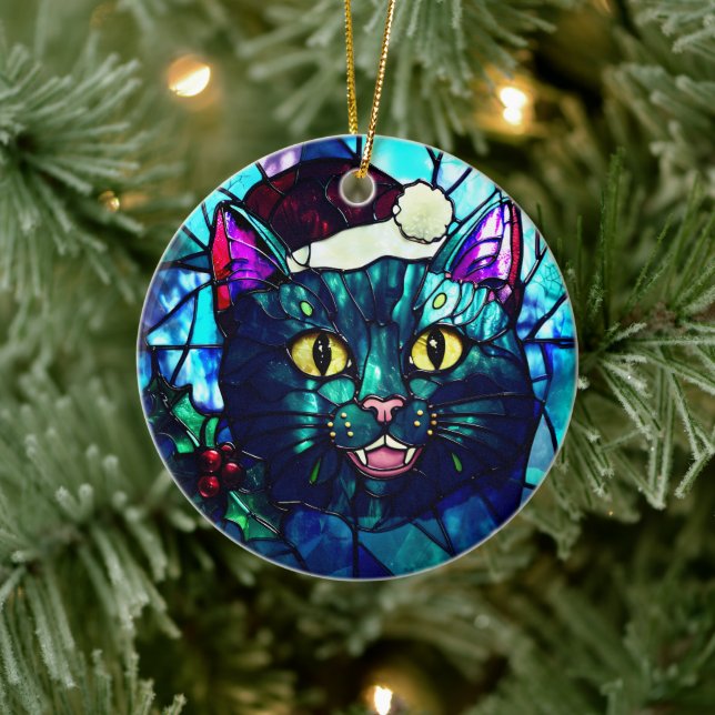 Ornamento De Cerâmica Gato Preto de Natal com Vitral Miando (Árvore)