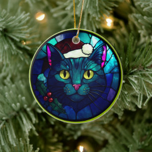 Ornamento De Cerâmica Gato Preto de Natal de Vitral com Chapéu Vermelho