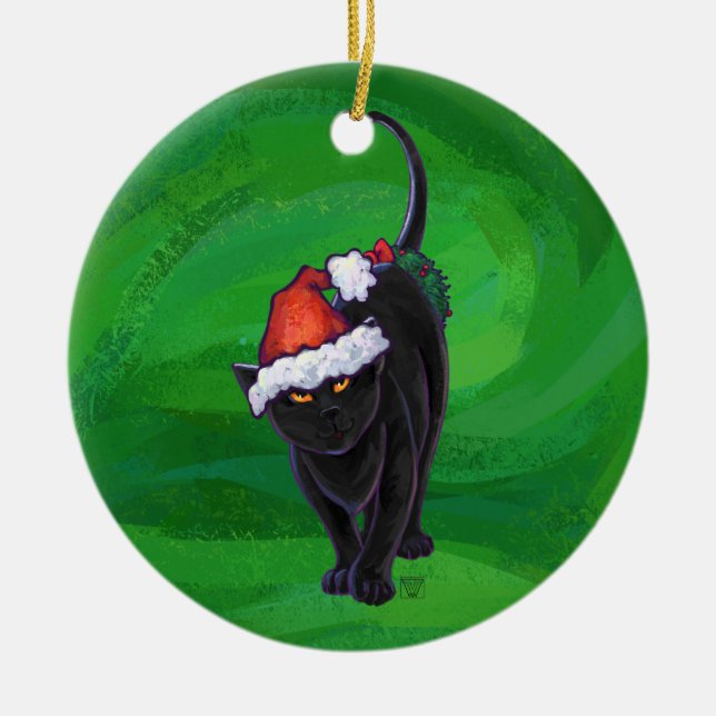 Ornamento De Cerâmica Gato Preto de Natal em Verde (Frente)