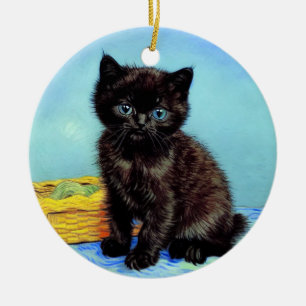 Ornamento De Cerâmica Gato Preto de Van Gogh com Linha
