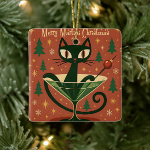 Ornamento De Cerâmica Gato Preto do Meio do Século Feliz Martini Natal