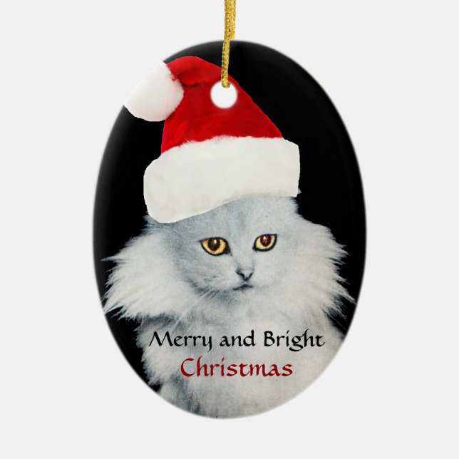 ORNAMENTO DE CERÂMICA GATO PRETO E BRANCO DE NATAL COM CHAPÉU DE PAPAI N (Frente)