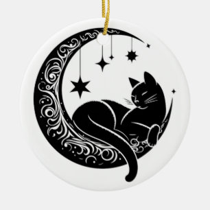 Ornamento De Cerâmica Gato Preto e Branco Luar Caçador de Sol na Janela