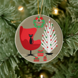 Ornamento De Cerâmica Gato Preto em Sala de Natal de Meados do Século