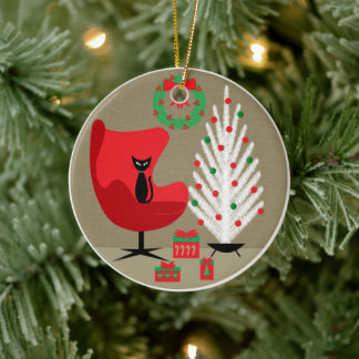 Ornamento De Cerâmica Gato Preto em Sala de Natal de Meados do Século