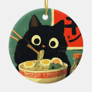 Ornamento De Cerâmica Gato Preto Engraçado Comendo Ramen