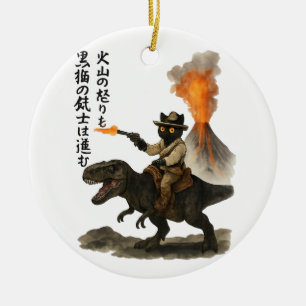 Ornamento De Cerâmica Gato Preto Épico Cowboy Montando Dinossauro com Vu
