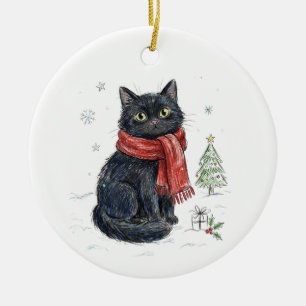 Ornamento De Cerâmica Gato Preto Fofo com Cachecol Vermelho na Árvore de