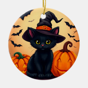 Ornamento De Cerâmica Gato Preto Fofo de Chapéu de Bruxa Cercado por Abó