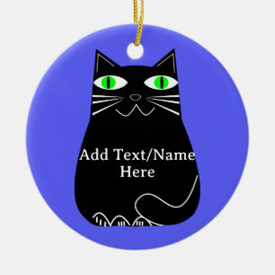 Ornamento De Cerâmica Gato Preto Gordo Com Olhos Verdes Texto Personaliz