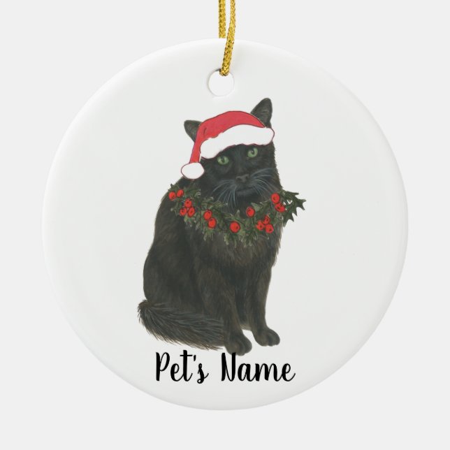 Ornamento De Cerâmica Gato Preto Personalizado (Frente)