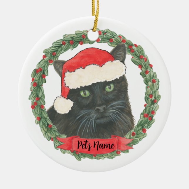 Ornamento De Cerâmica Gato Preto Personalizado (Frente)