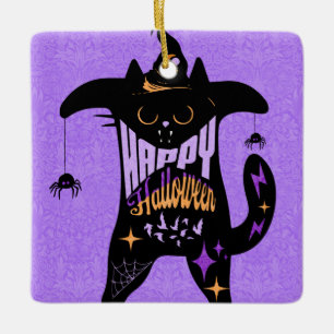 Ornamento De Cerâmica Gato Preto Retro Divertido Halloween