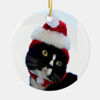Ornamento De Cerâmica Gato que veste a fotografia do chapéu do papai