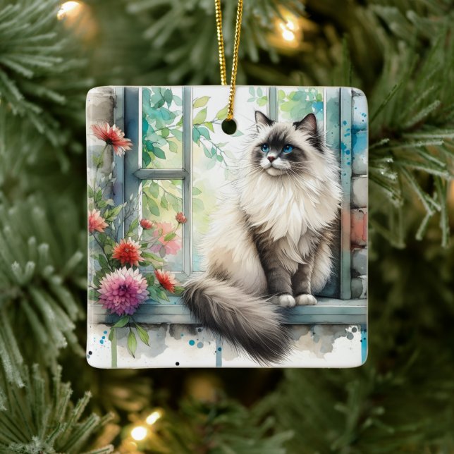 Ornamento De Cerâmica Gato Ragdol em Janela Home Sweet Home (Árvore)