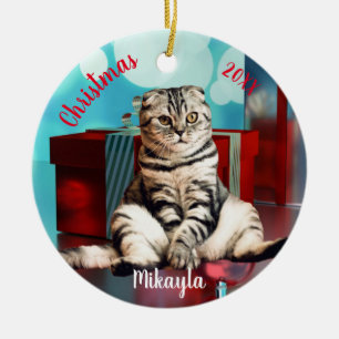 Ornamento De Cerâmica Gato Relaxado da Raça Scottish Fold no Natal