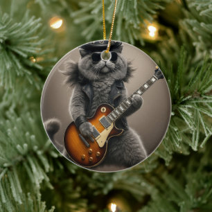 Ornamento De Cerâmica Gato Rockstar Tocando Guitarra Elétrica em Couro