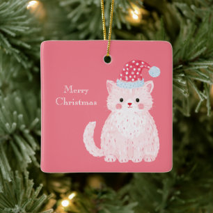Ornamento De Cerâmica Gato Rosa Chapéu de Natal Vermelho
